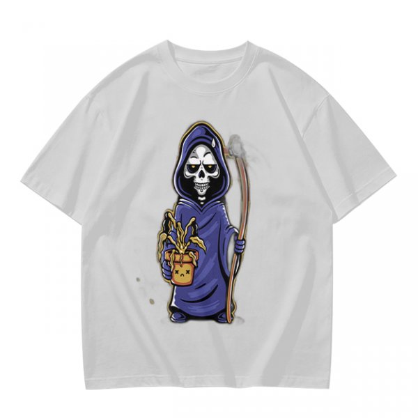 Olive T-Shirt With Cute Grim Reaper Holding Wilted Potted Plant Print