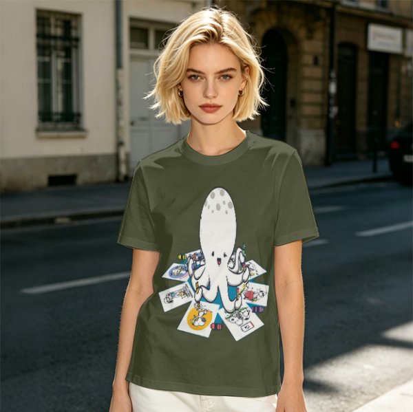 Olive T-Shirt With Cute Octopus Drawing Artwork Print