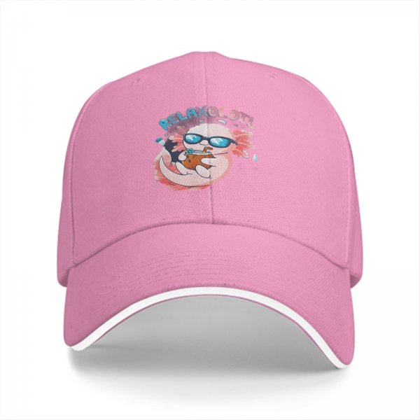 Black baseball cap with a relaxed axolotl graphic and 'RELAXOLOTL' text