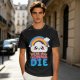 Olive T-Shirt With Cute Cloud Rainbow Graphic And 'We're All Gonna Die' Text