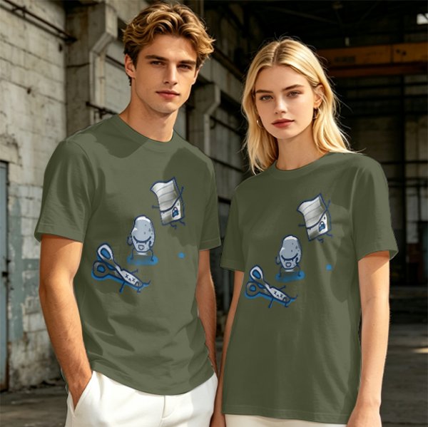 Olive T-Shirt With Rock Paper Scissors Cartoon Characters