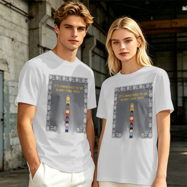 Olive t-shirt with retro video game 'It's dangerous to go alone' print