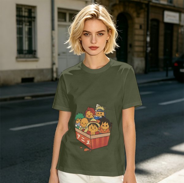 Olive T-shirt with Chibi Anime Characters in Takeout Box