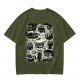 Olive Green T-Shirt With Playful Black Cats In Kitchenware Print