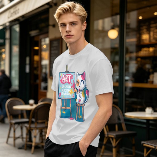 Olive T-Shirt With Cute Artist Cat Art Because Murder Is Wrong Print