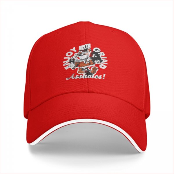 Black baseball cap with 'Enjoy The Grind Assholes!' cartoon print