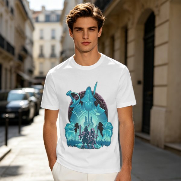 Fantasy warrior ghost print olive green graphic t-shirt