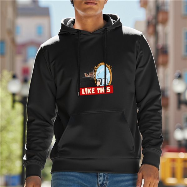 Black hoodie with mirror vampire holding coffee graphic and 'LIKE THIS' text