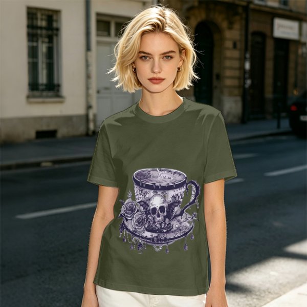 Olive T-shirt with Gothic Skull Teacup and Roses Print
