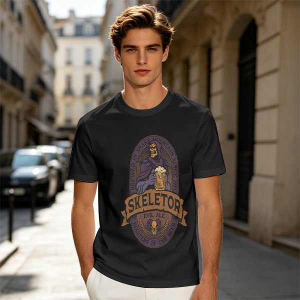 Olive green t-shirt with Skeletor Evil Ale beer graphic