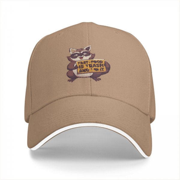 Black baseball cap with raccoon holding fast food trash sign