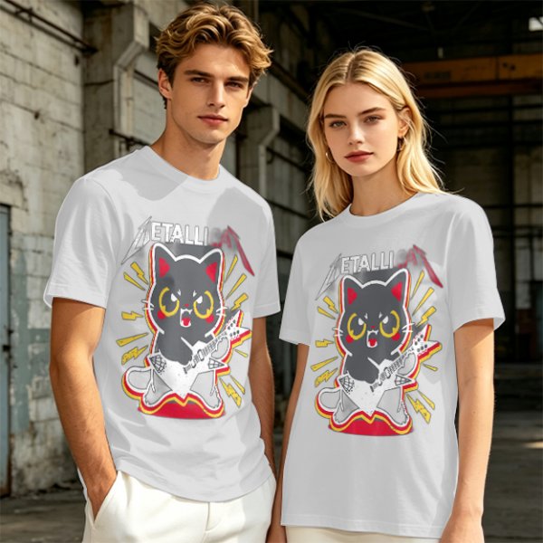 Olive green graphic t-shirt with a cartoon metal cat playing guitar