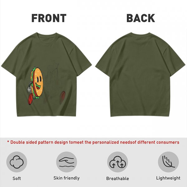 Olive T-Shirt With Cartoon Running Hamburger Character Print