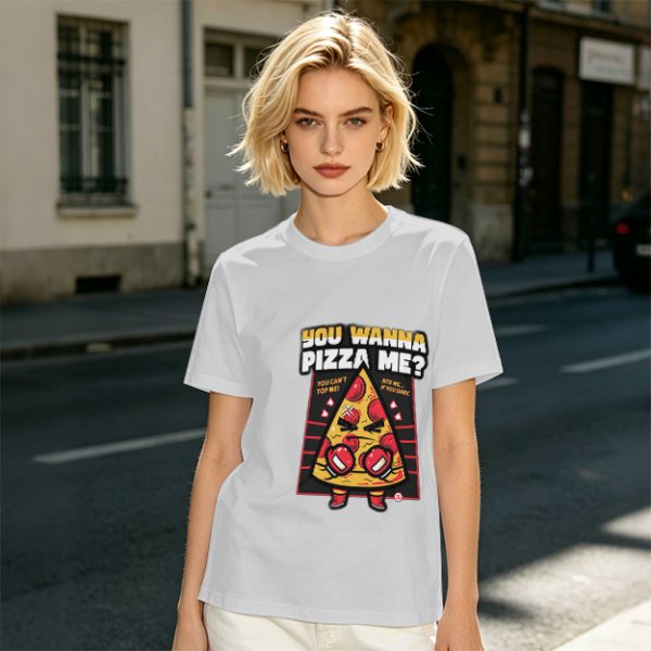 Olive t-shirt with angry boxing pizza slice graphic and 'You Wanna Pizza Me?' text
