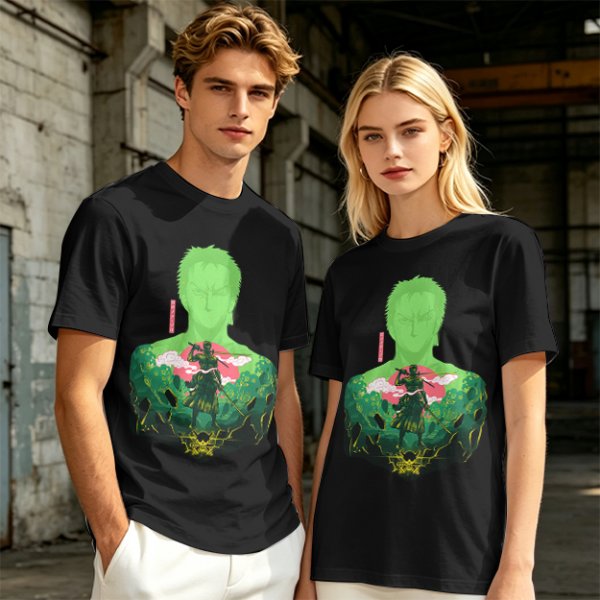 Olive Anime T-Shirt With Samurai Warrior Silhouette Art