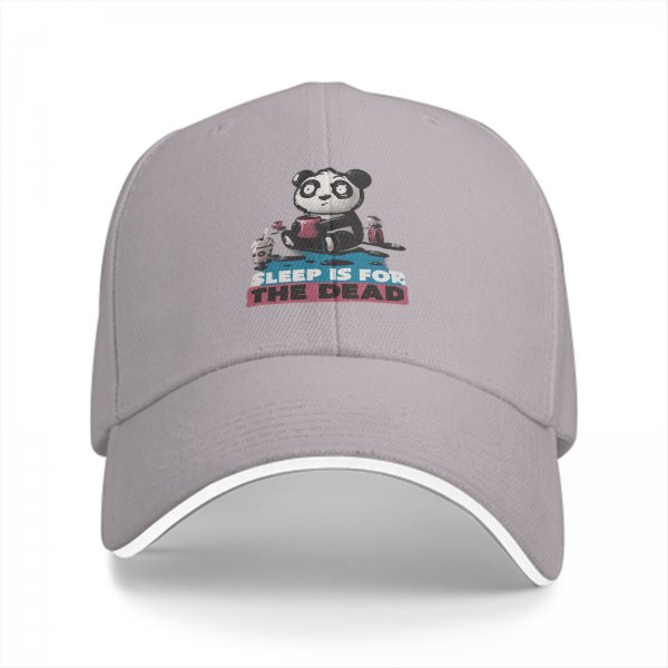 Black baseball cap with panda graphic and 'Sleep is for the dead' text