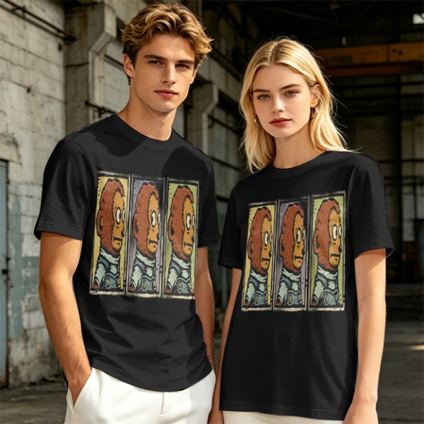 Olive Green T-Shirt With Three Panel Cartoon Monkey Head Print