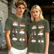 Olive green t-shirt with sushi cat illustrations