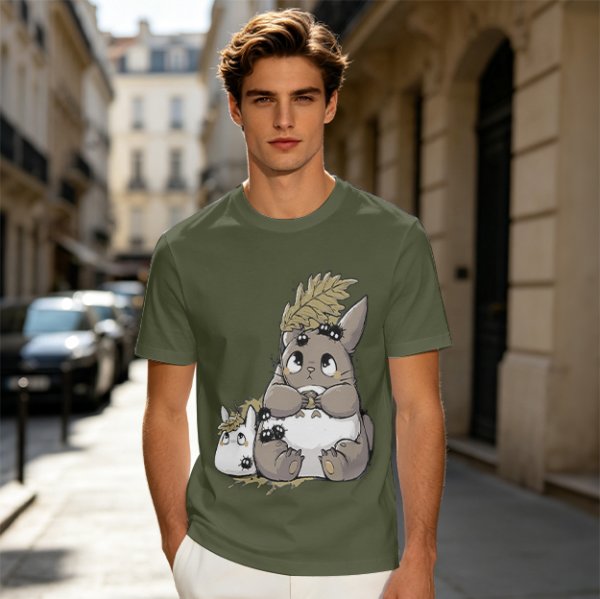 Olive T-Shirt With Cute Totoro And Soot Sprite Anime Print