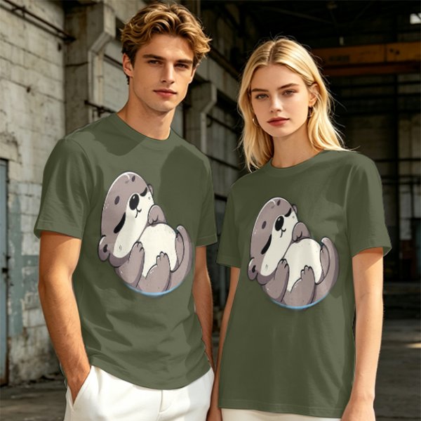 Olive Green T-Shirt with Cute Sleeping Otter Graphic