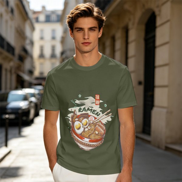 Olive Green T-Shirt With Ramen Bowl Graphic Print