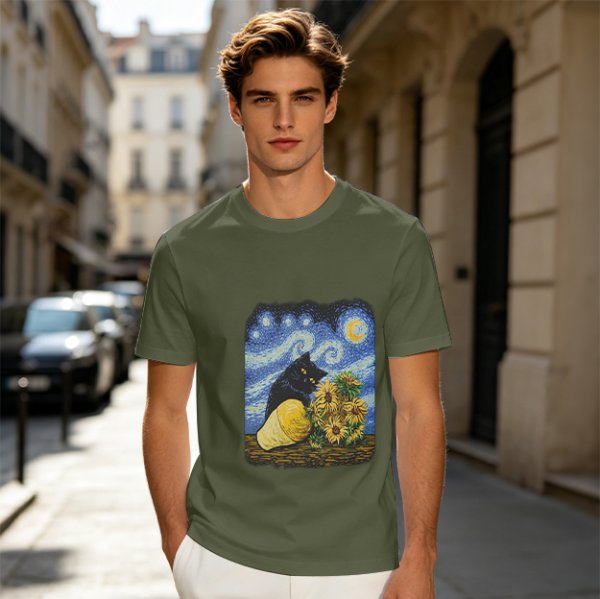 Olive T-Shirt with Starry Night Cat and Sunflowers Art Print