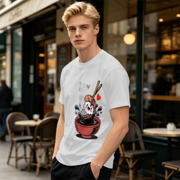Olive T-shirt with Cute Sushi Dipping in Soy Sauce Graphic