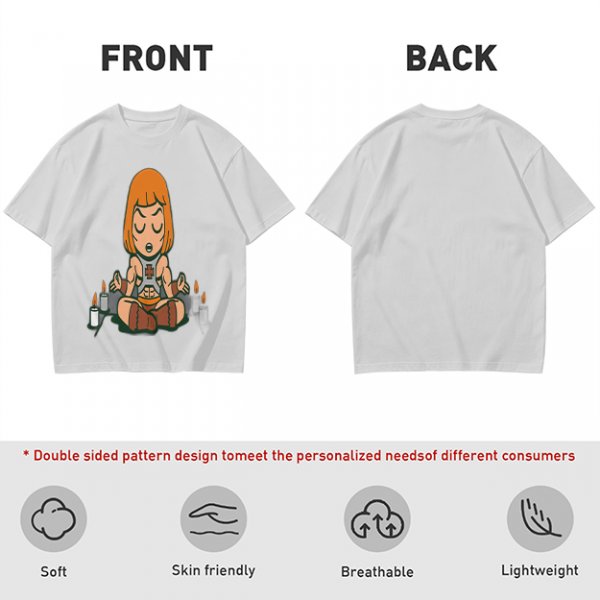 Olive T-shirt with cartoon muscular character meditating surrounded by candles