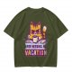 Olive t-shirt with a grumpy cat needing a vacation print