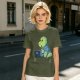 Olive t-shirt with a cartoon dinosaur working on laptop holding coffee