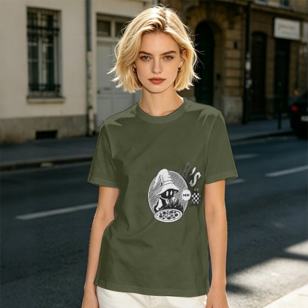 Olive Green T-Shirt With Wizard And Pizza Graphic Print