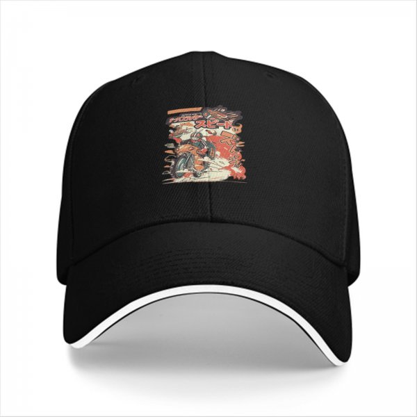 Black baseball cap with retro anime motorcycle graphic print