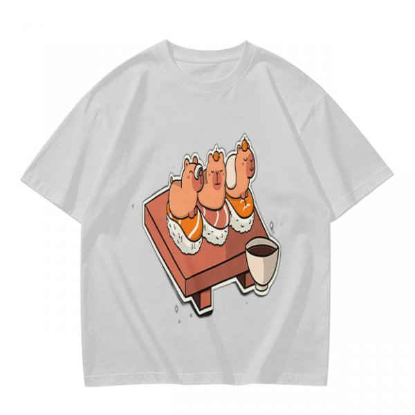 Olive green t-shirt with capybara sushi print design