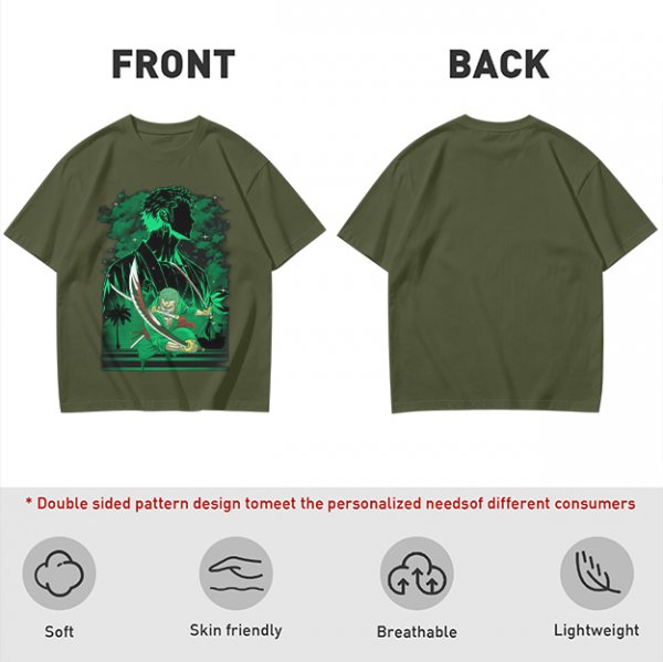 Olive Green Anime T-Shirt With Swordsman Character Artwork