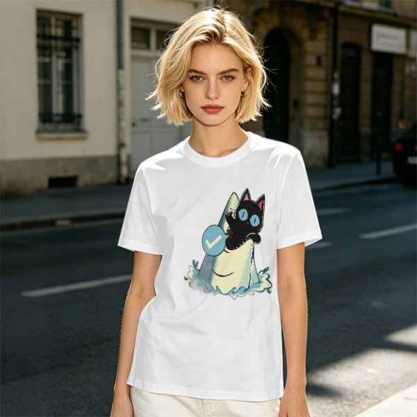 Olive T-Shirt With Black Cat Emerging From Wave Check Mark Print