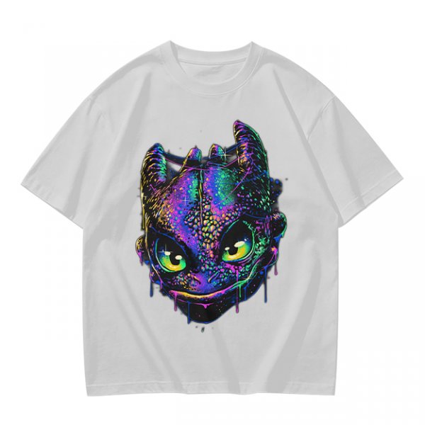Olive T-Shirt With Neon Toothless Dragon Head Art Print