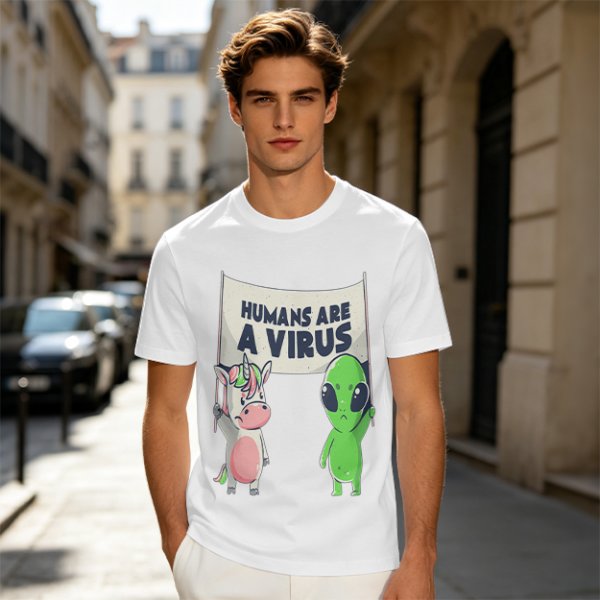 Olive T-shirt with Unicorn and Alien Holding 'Humans Are A Virus' Sign