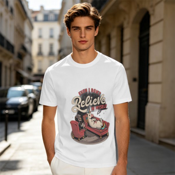 Olive graphic t-shirt with unicorn therapy and 'Even I Don't Believe In Myself' text