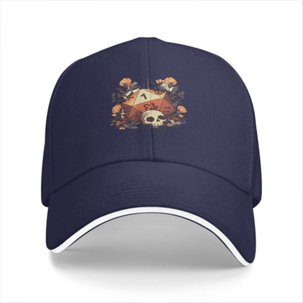 Black baseball cap with d20 skull and floral fantasy print