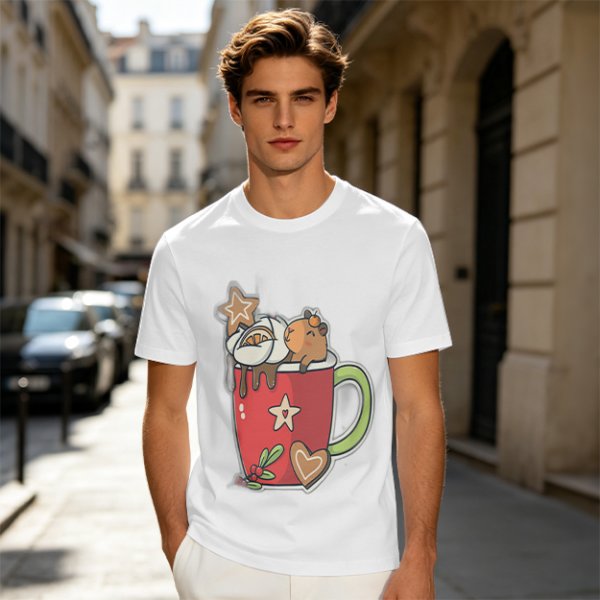 Olive T-Shirt With Cute Capybara In Christmas Hot Cocoa Mug Print