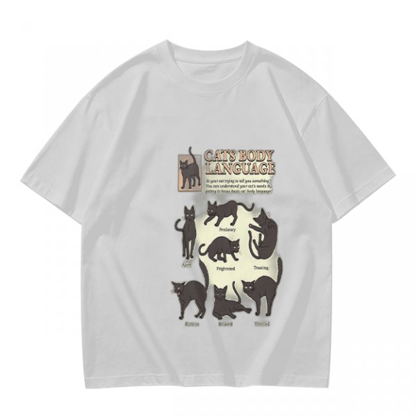 Olive T-Shirt With Cat Body Language Illustrations