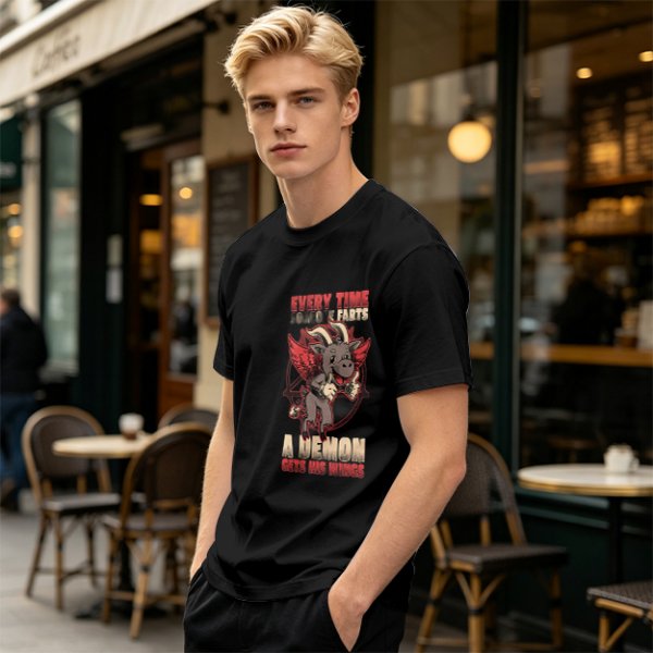 Olive t-shirt with funny demon goat fart joke graphic