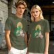 Olive Green T-Shirt With Zelda Themed Cartoon Characters Print