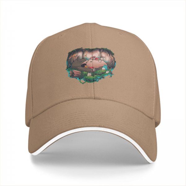 Black baseball cap with forest spirit creature graphic print