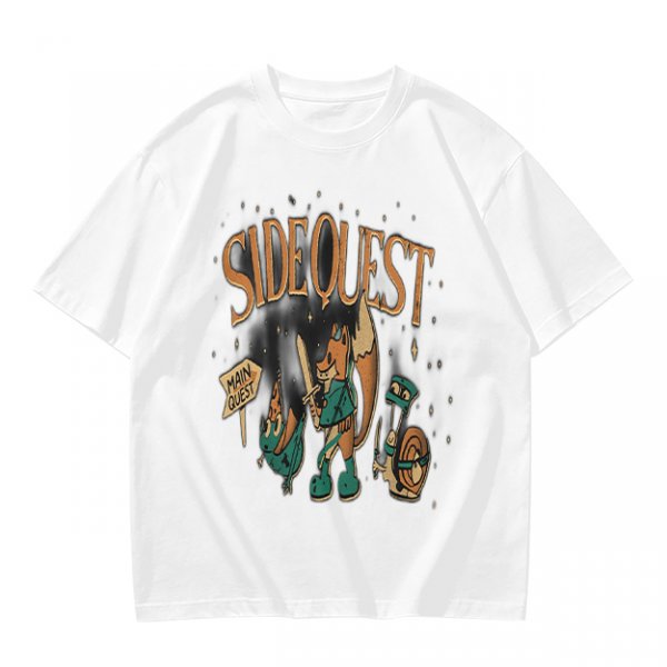 Olive t-shirt with Side Quest fantasy adventure graphic print