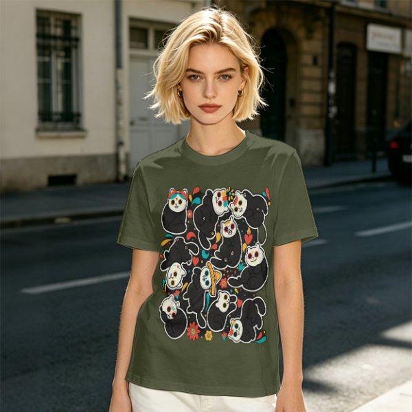 Olive T-Shirt With Day Of The Dead Cat Skull Graphic Print