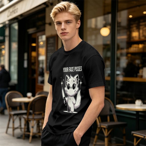 Olive graphic t-shirt with angry cartoon cat holding knife