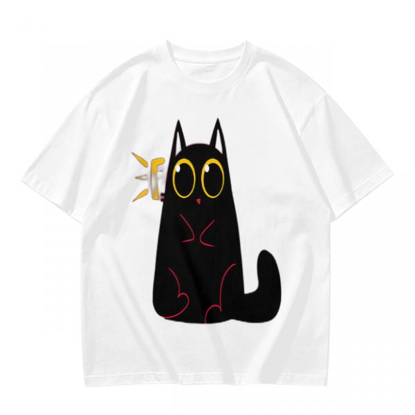 Olive Green T-Shirt With Surprised Black Cat Graphic Print