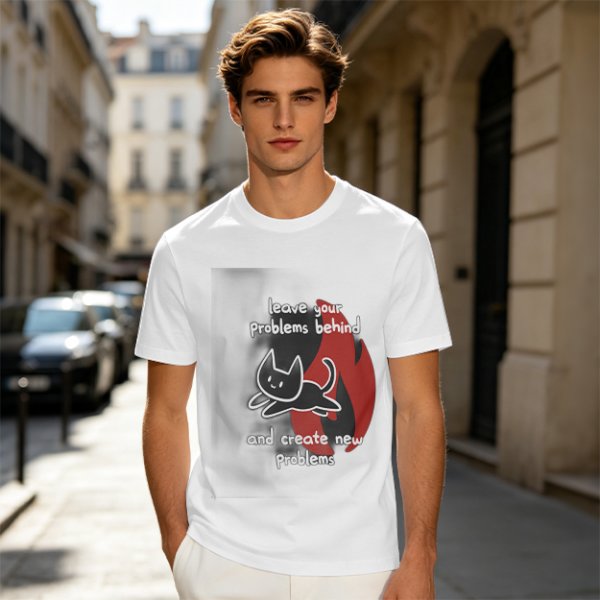 Olive graphic tee with funny cat and leave your problems behind quote