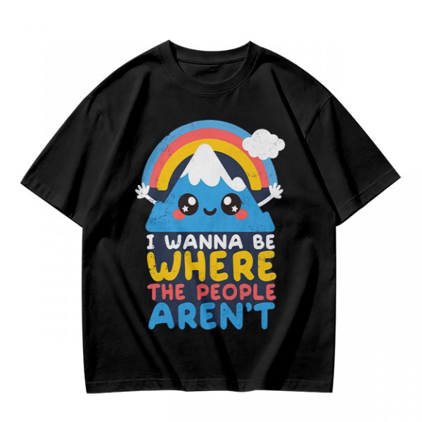 Olive graphic tee with cute mountain rainbow and 'I Wanna Be Where The People Aren't' text